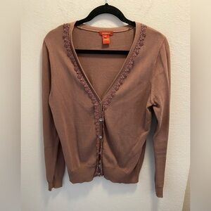 Sundance Brown V-Neck Floral Lace Trim Button Front Cardigan Size L
